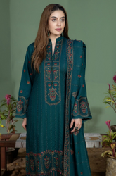 Elegant teal suit with detailed embroidery, adorned with a unique blue and brown print for a sophisticated look.